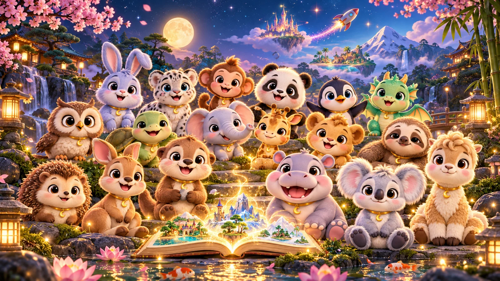 The whole Avenwild crew gathered around a glowing storybook in a magical twilight zen-garden world under a full moon