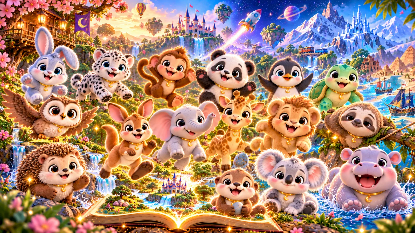 The whole Avenwild crew of cuddly animal companions playing together around a glowing magical storybook, with floating worlds of castles, space, snowy peaks and treasure islands behind them